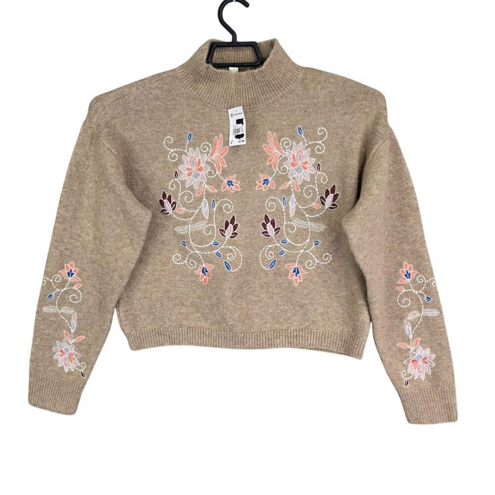 Womens Versona Tan Floral Embroidered Crop Sweater Mock Neck Long Sleeve Size M